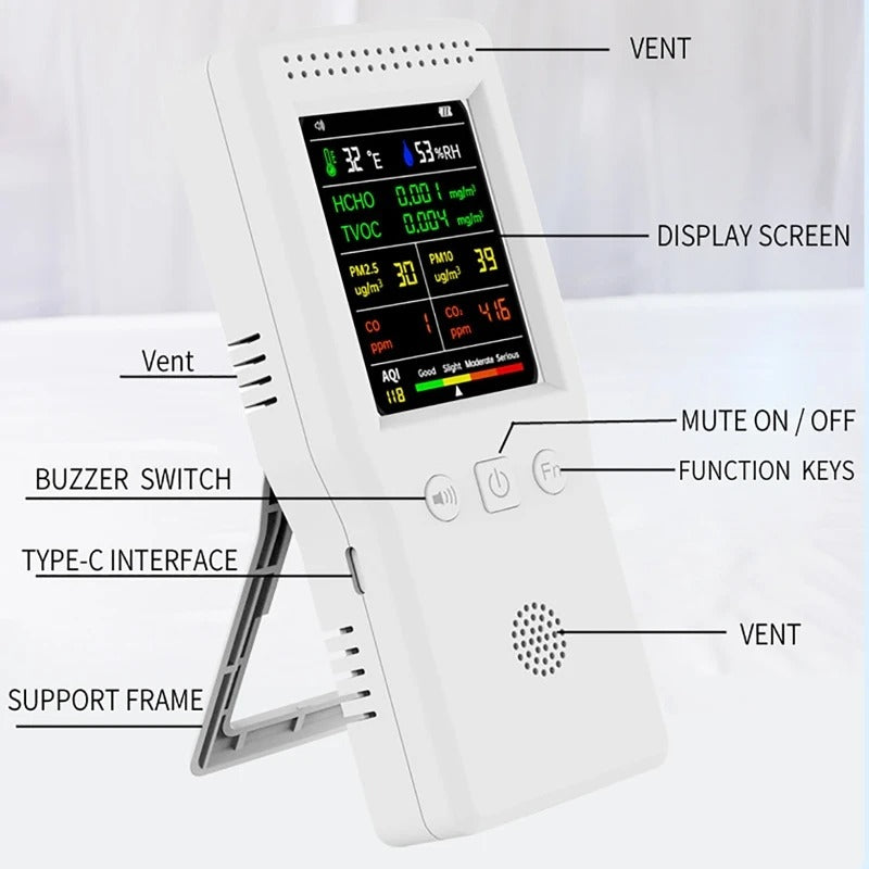 Smart Indoor Air Quality Monitor – 9-in-1 AQI Tester with Real-Time Air Quality Display