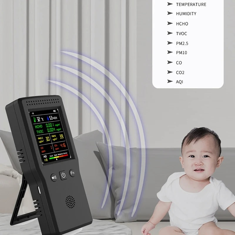 Smart Indoor Air Quality Monitor – 9-in-1 AQI Tester with Real-Time Air Quality Display